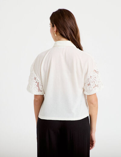 Chemise macram&eacute; manches courtes ecru femme
