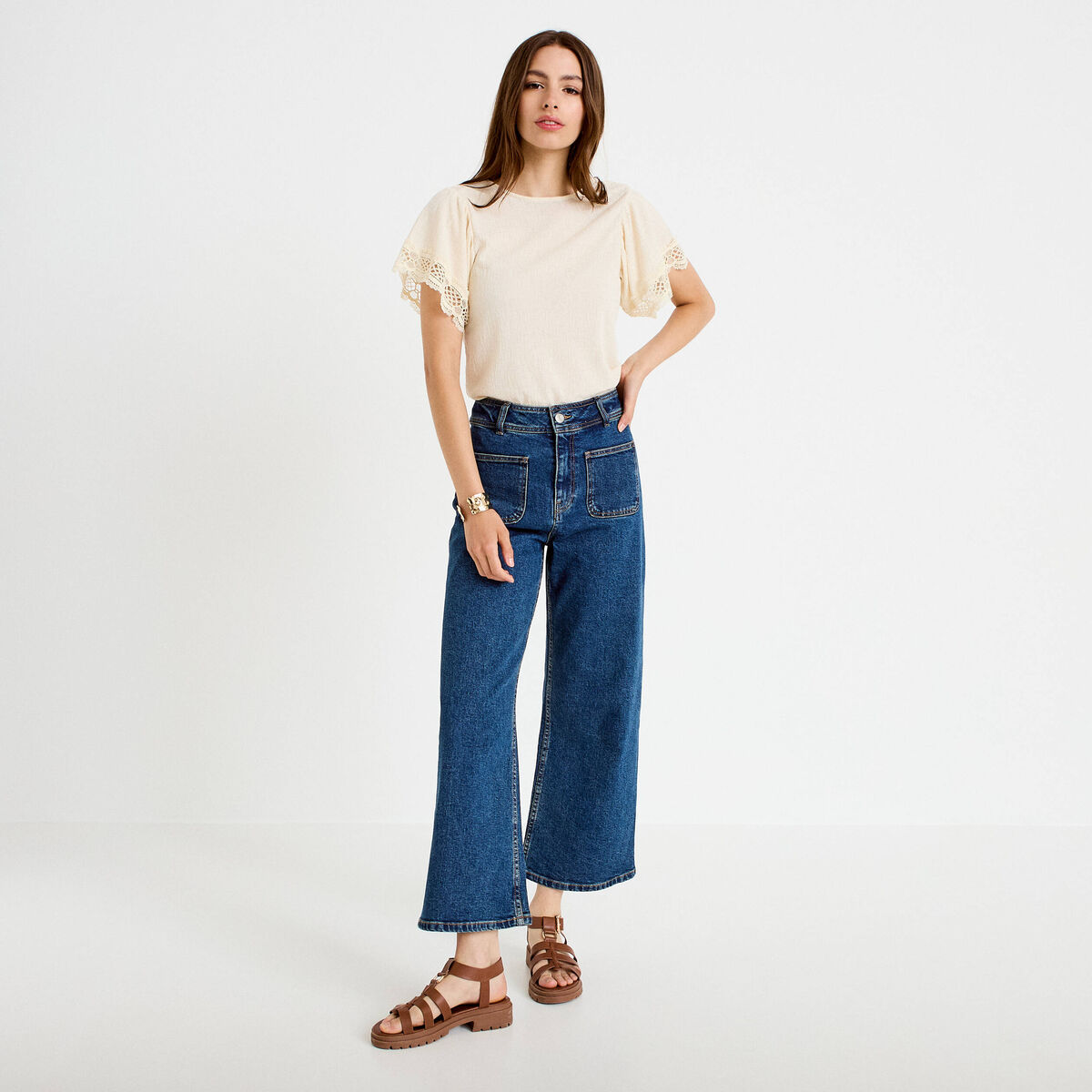 T-shirt col rond manches courtes ecru femme