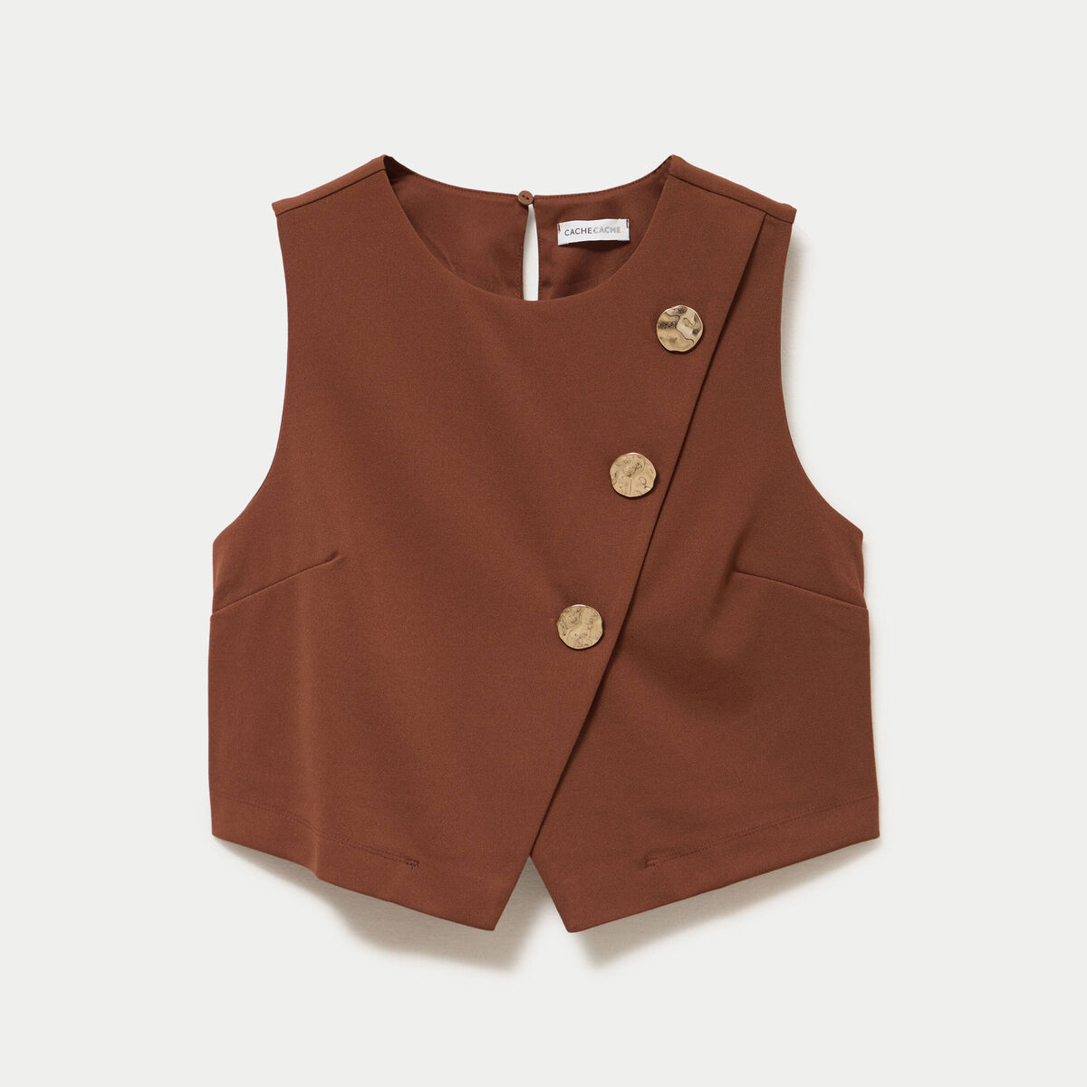 Top ajust&eacute; court sans manches col rond marron femme
