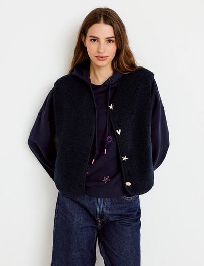 Gilet sans manches effet polaire col v bleu marine femme