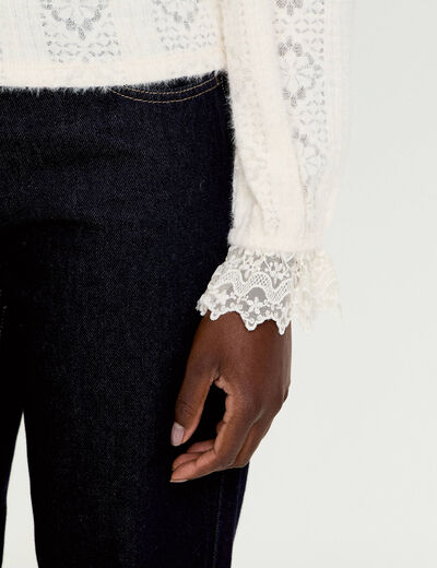 Top dentelle manches longues col rond ivoire femme