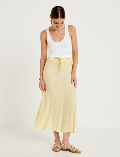 Jupe longue &eacute;vas&eacute;e satin jaune clair femme