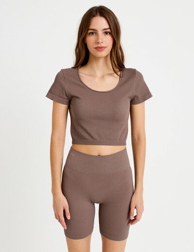Crop top sans couture col rond marron clair femme
