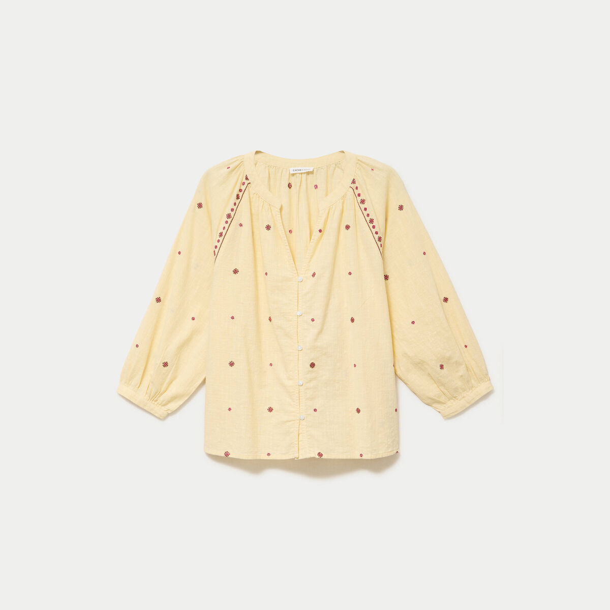 Blouse ample col tunisien manches 3/4 jaune pastel femme