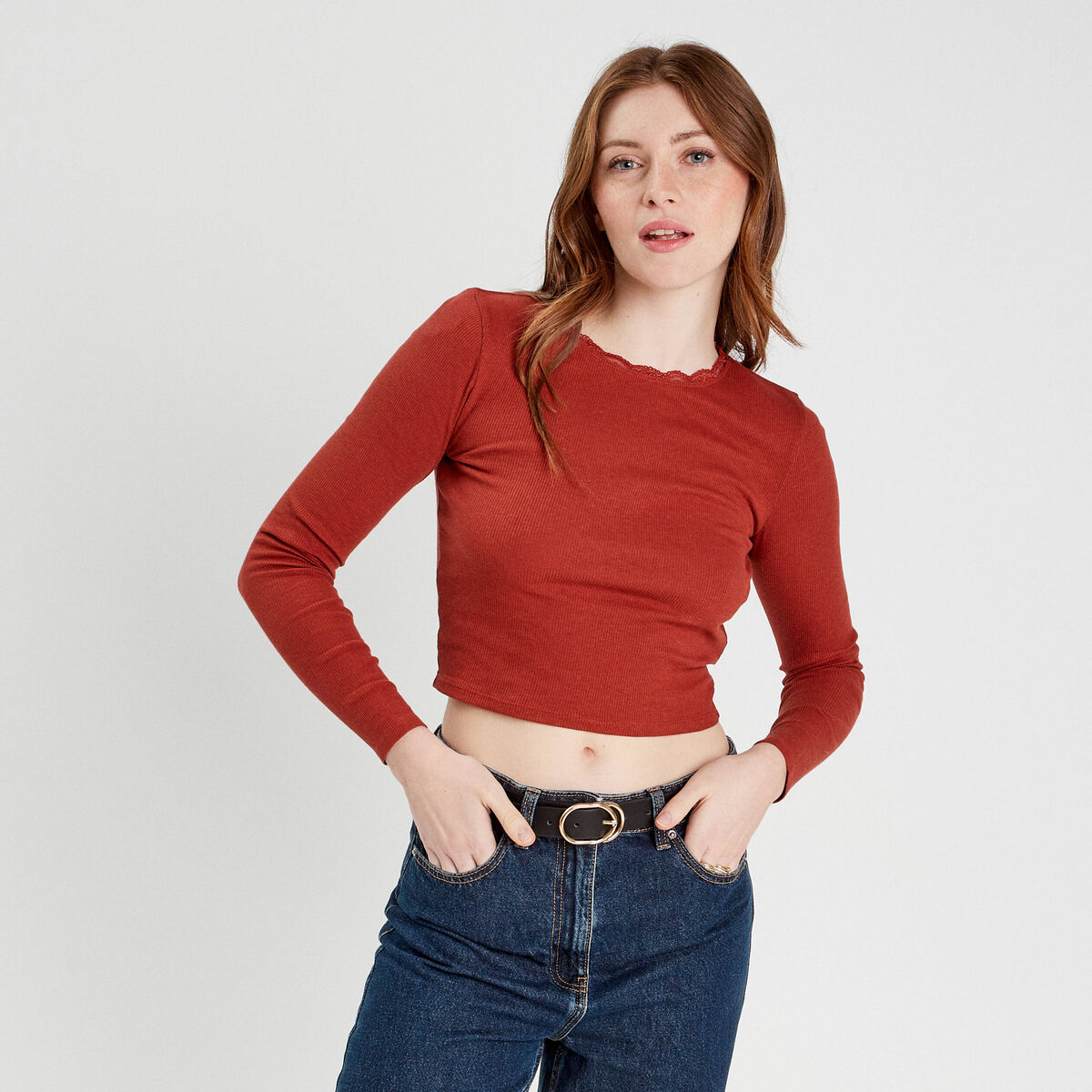 T-shirt cropped c&ocirc;tel&eacute; marron femme