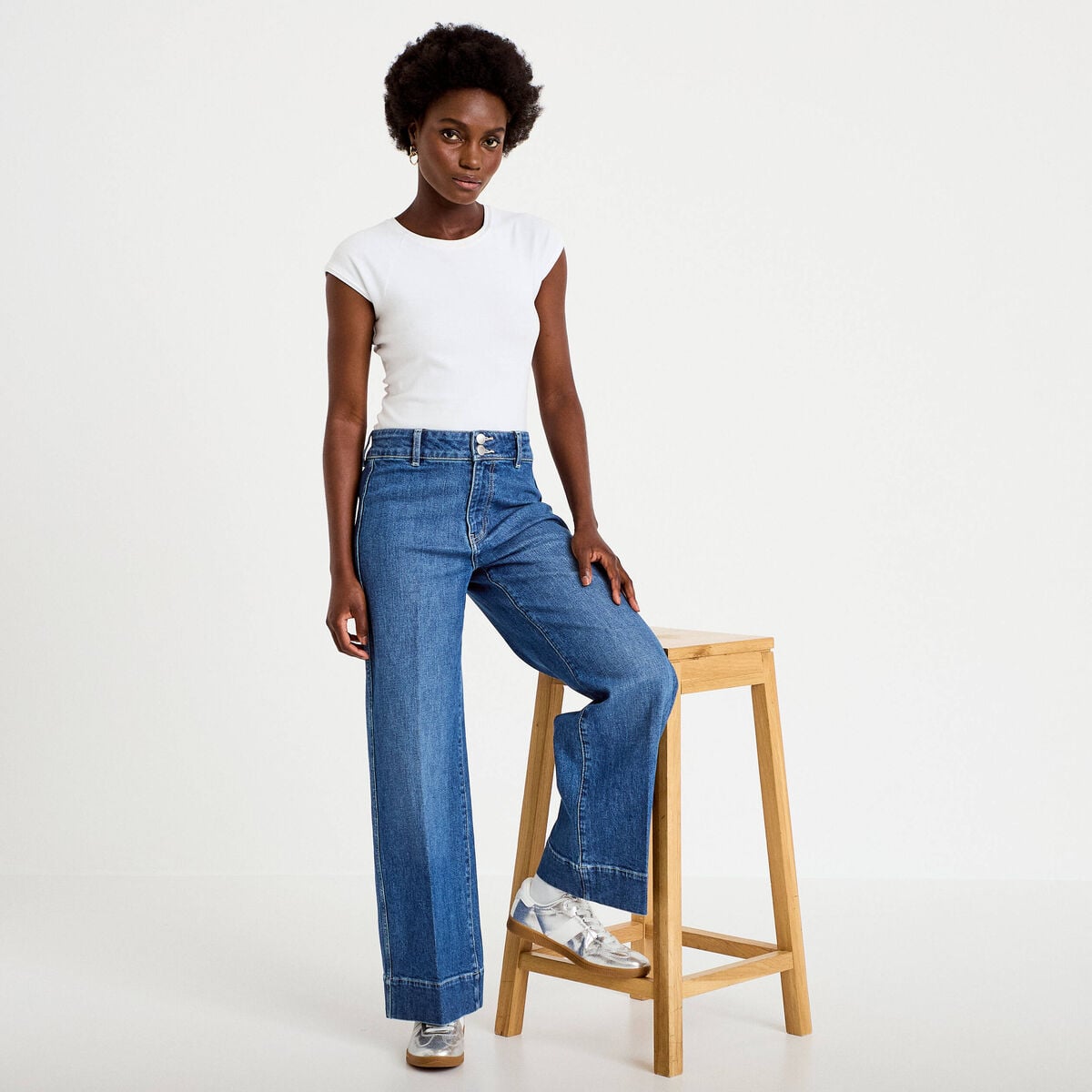Jean wide leg taille haute denim double stone femme