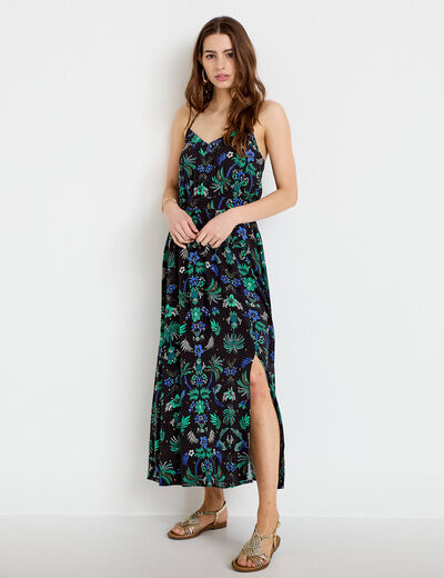 Robe &eacute;vas&eacute;e 3/4 col v bretelles fines noir femme