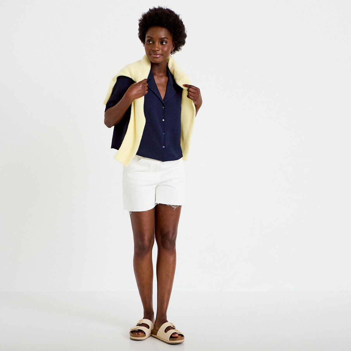Chemise droite cropped col classique bleu marine femme
