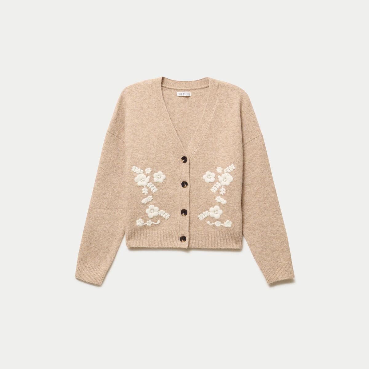 Gilet brod&eacute; col v manches longues beige femme