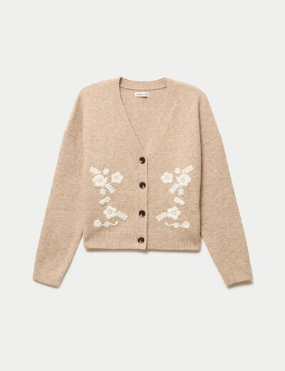Gilet brod&eacute; col v manches longues beige femme