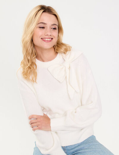 Pull oversize col avec noeud ecru femme