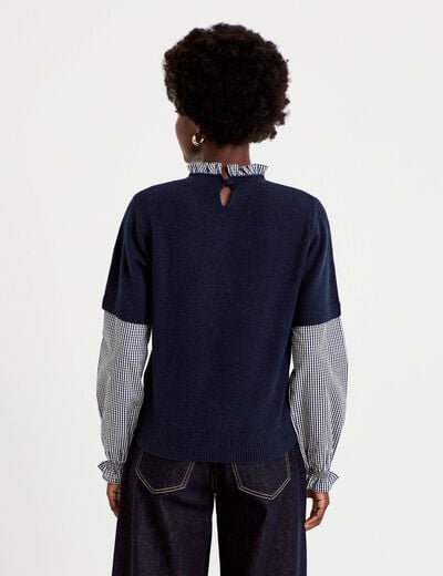 Pull col rond vichy manches longues bleu marine femme