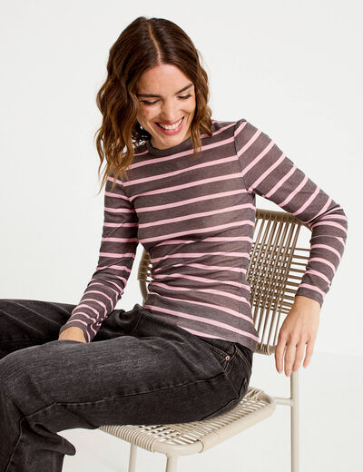 T-shirt ajust&eacute; col rond manches longues marron fonc&eacute; femme