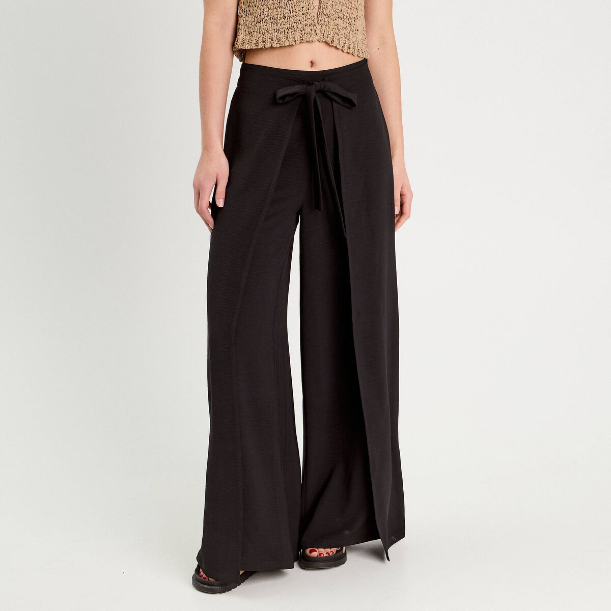 Pantalon large taille haute fluide noir femme