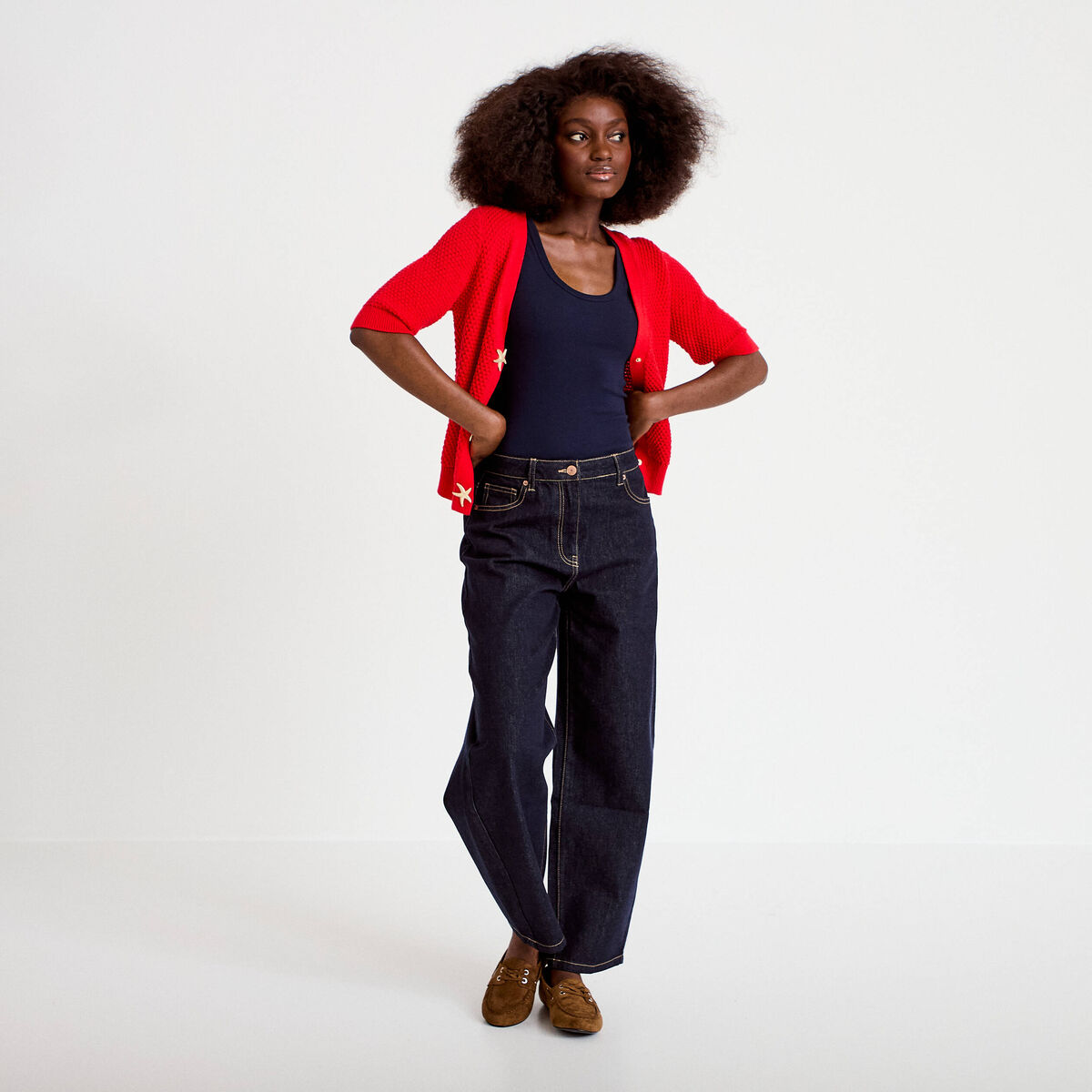 D&eacute;bardeur c&ocirc;tel&eacute; col rond bleu marine femme