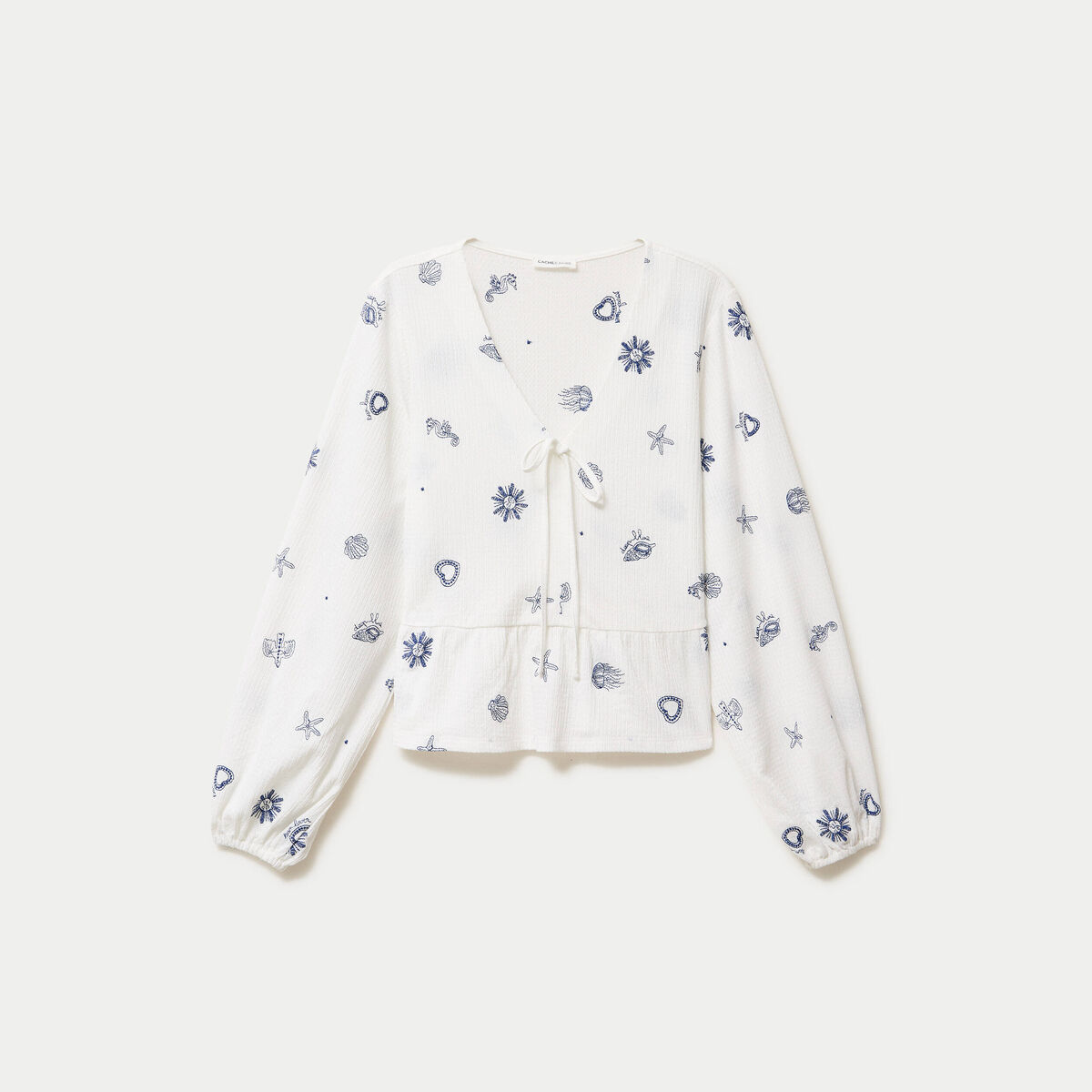 Blouse cintr&eacute;e col v manches longues blanc femme