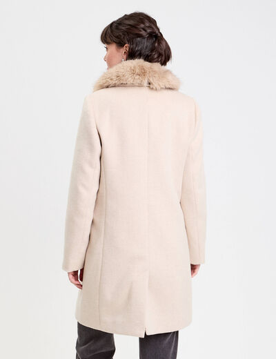 Manteau col fausse fourrure beige femme