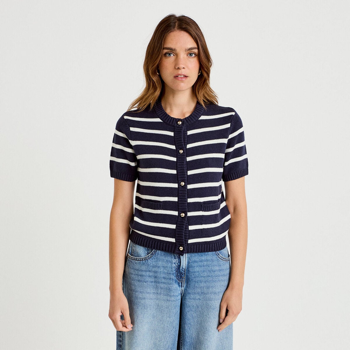 Gilet manches courtes bleu femme