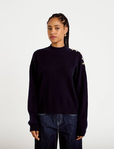 Pull col montant manches longues bleu marine femme