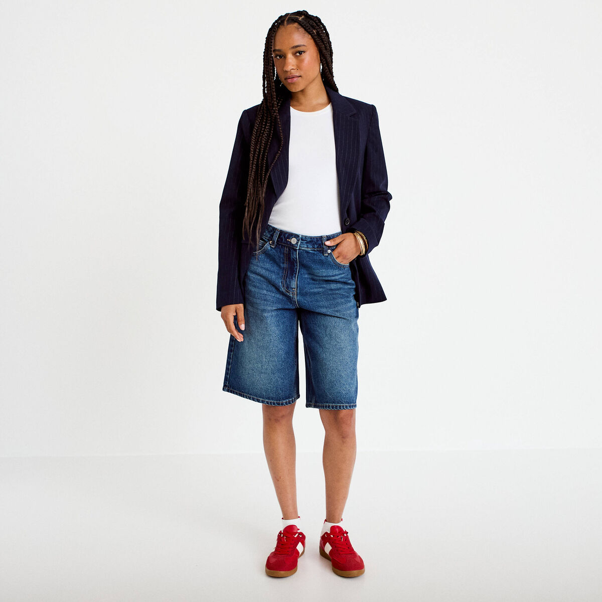 Bermuda en jean bleu fonc&eacute; femme