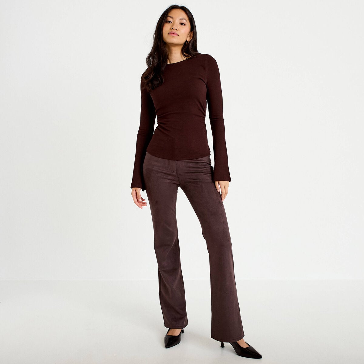 Pantalon bootcut aspect daim marron fonc&eacute; femme