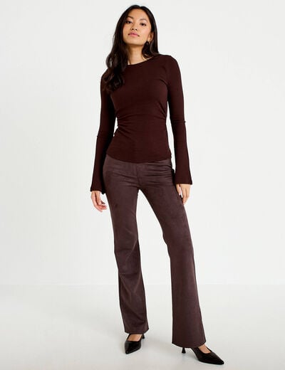 Pantalon bootcut aspect daim marron fonc&eacute; femme