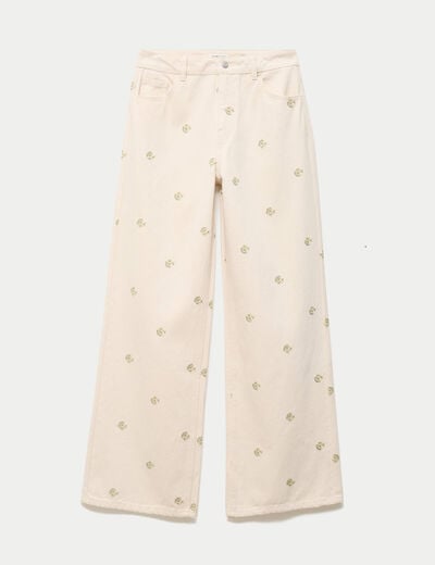 Jean wide leg broderie taille haute denim blanc femme