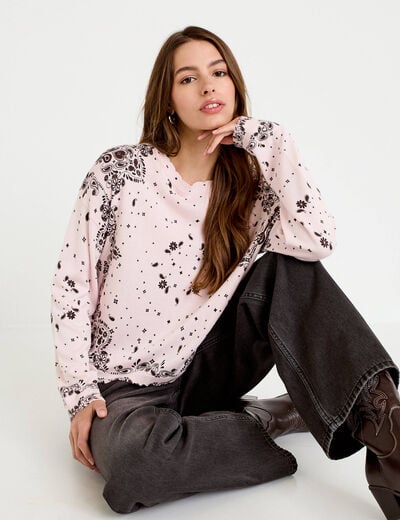 Pull col rond manches longues rose clair femme