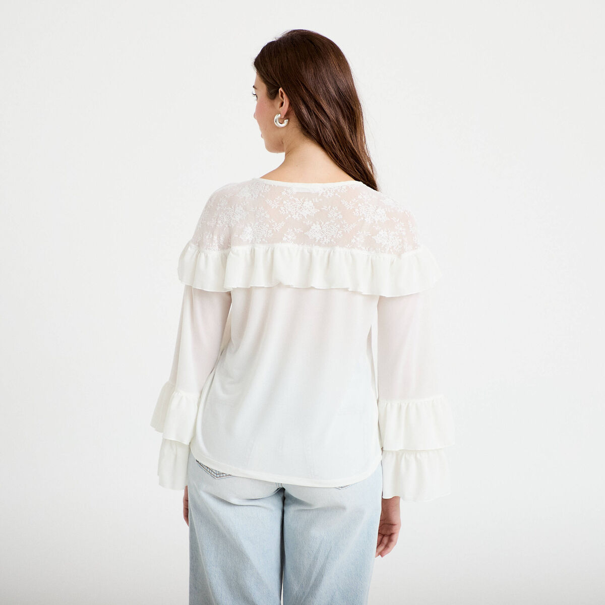 Blouse col v manches longues dentelle ecru femme