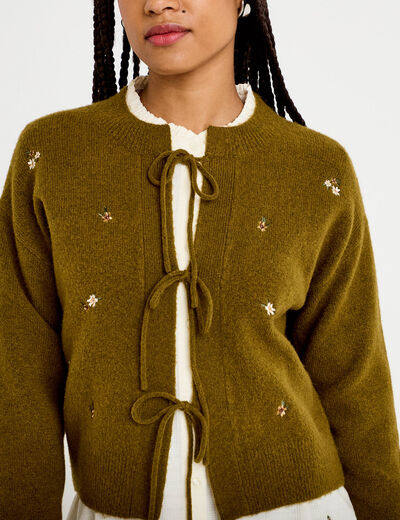 Gilet manches longues brod&eacute; noeuds vert olive femme