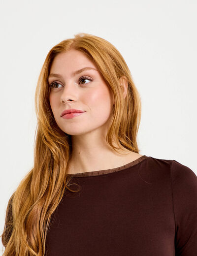 T-shirt ajust&eacute; manches courtes marron fonc&eacute; femme