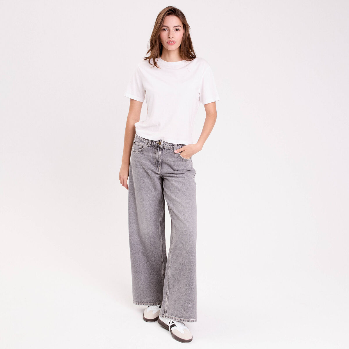 Jean wide leg taille standard denim gris femme