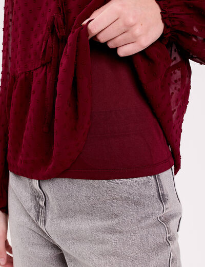 Blouse courte droite col v rouge fonc&eacute; femme