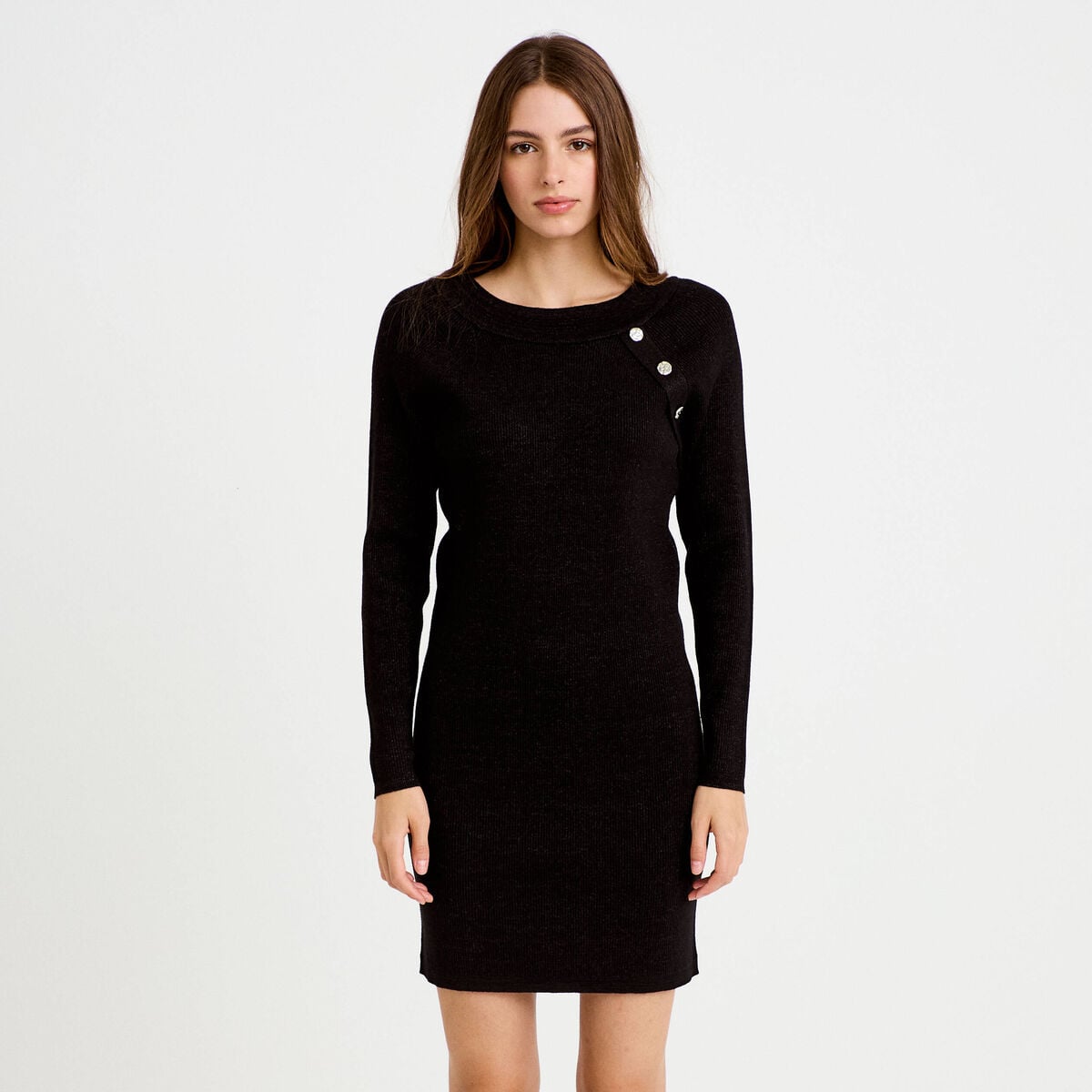 Robe pull ajust&eacute;e manches longues noir femme