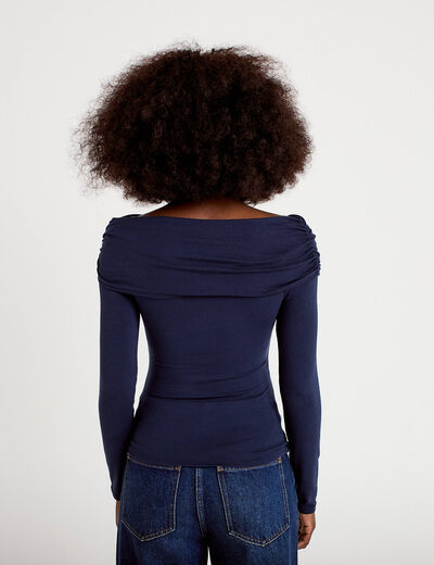 T-shirt col bardot manches longues bleu marine femme