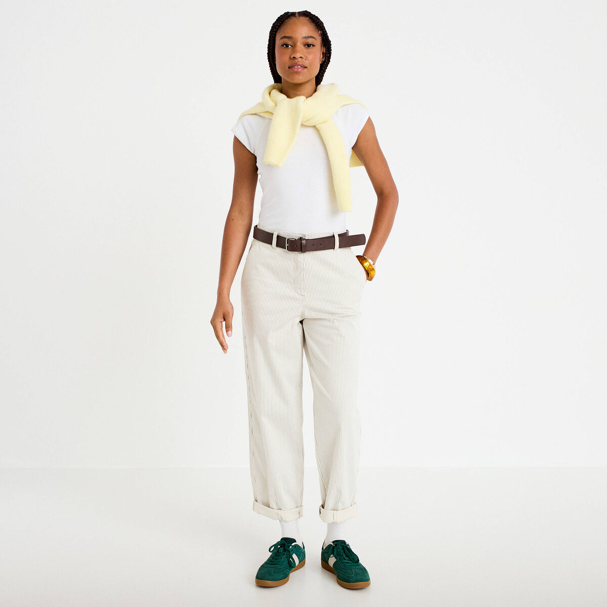 Pantalon chino 7/8&egrave;me taille &eacute;lastiqu&eacute;e blanc femme