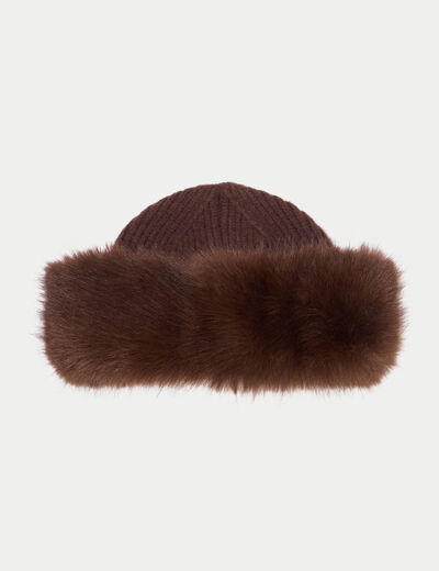 Bonnet en fausse fourrure marron fonc&eacute; femme