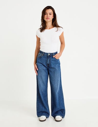Jean wide leg taille haute Petite bleu fonc&eacute; femme