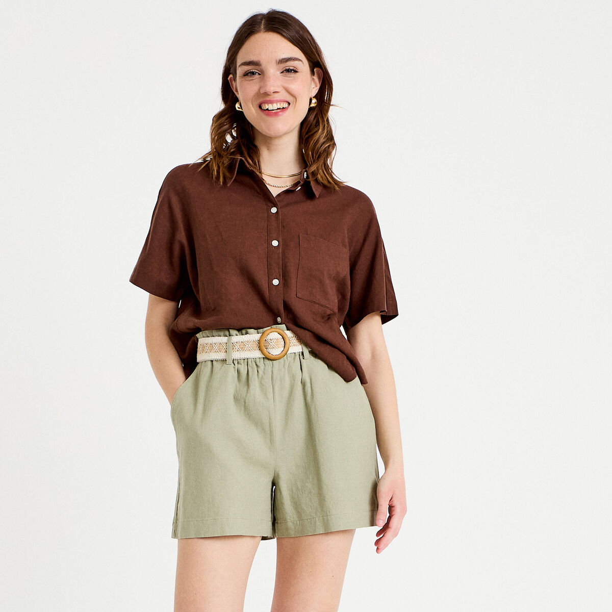 Short flare avec ceinture amovible vert kaki femme