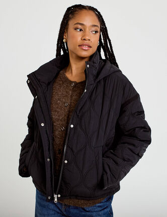 Veste droite &agrave; capuche manches longues noir femme