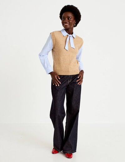 Pull fin 2-en-1 manches longues beige femme