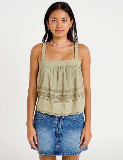 Top &agrave; bretelles broderie vert kaki femme