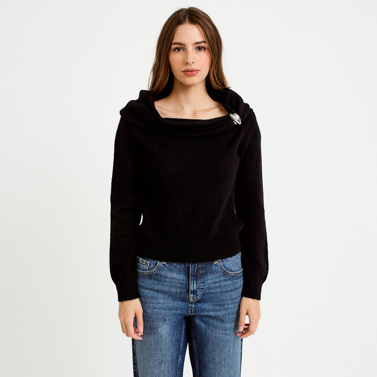 Pull col bardot manches longues noir femme