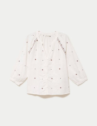 Blouse ample col tunisien manches 3/4 ecru femme