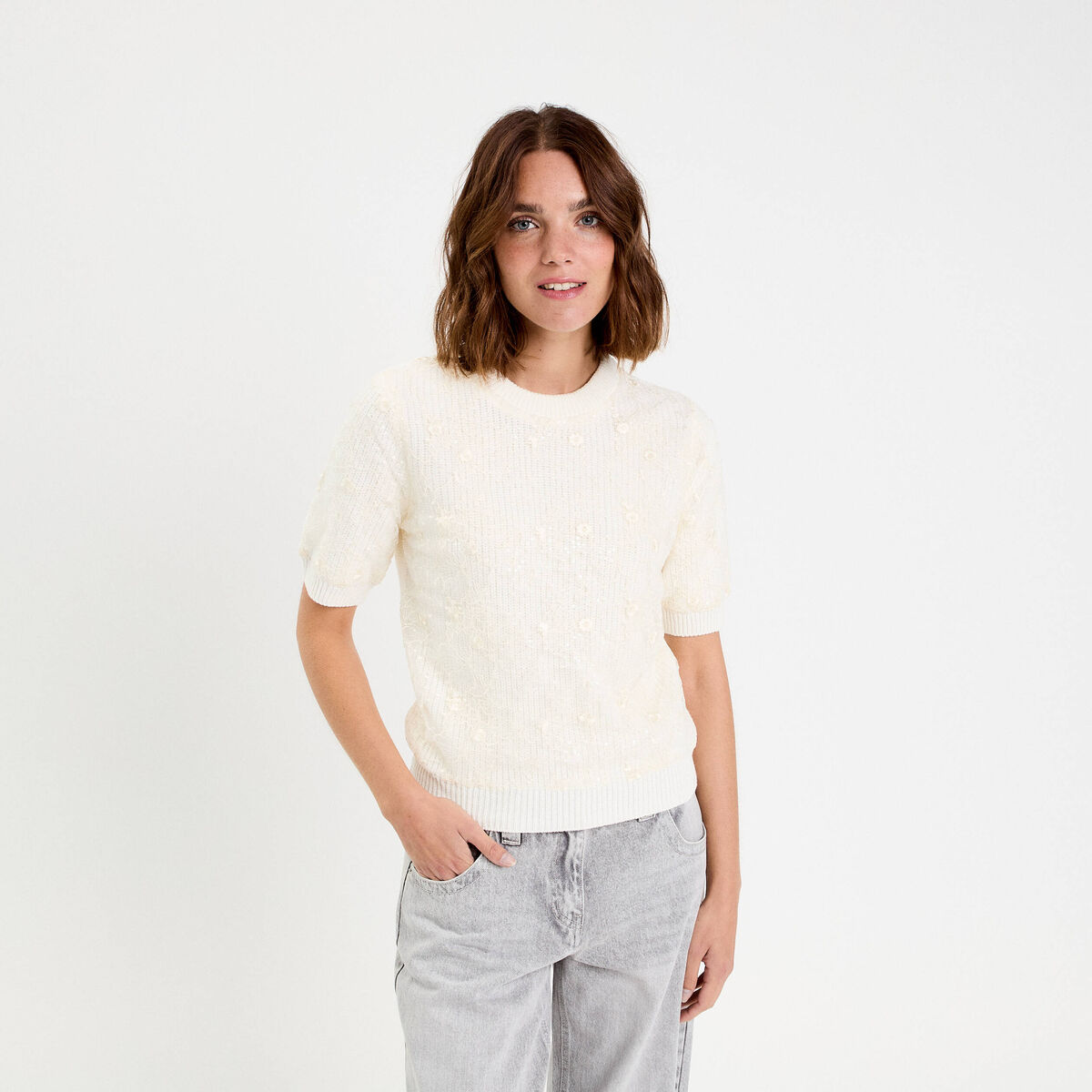 Pull dentelle manches courtes ecru femme