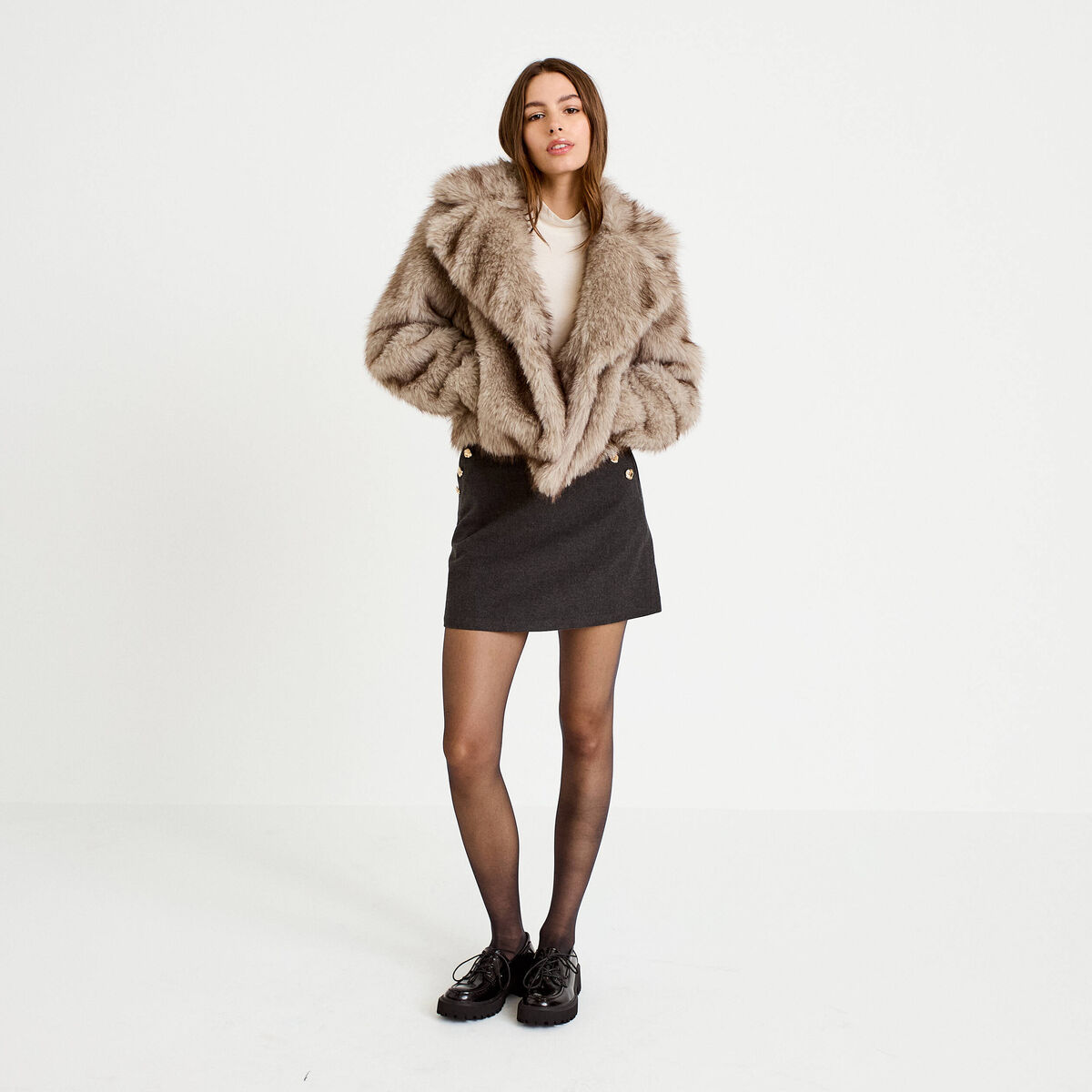 Manteau fausse fourrure taupe femme