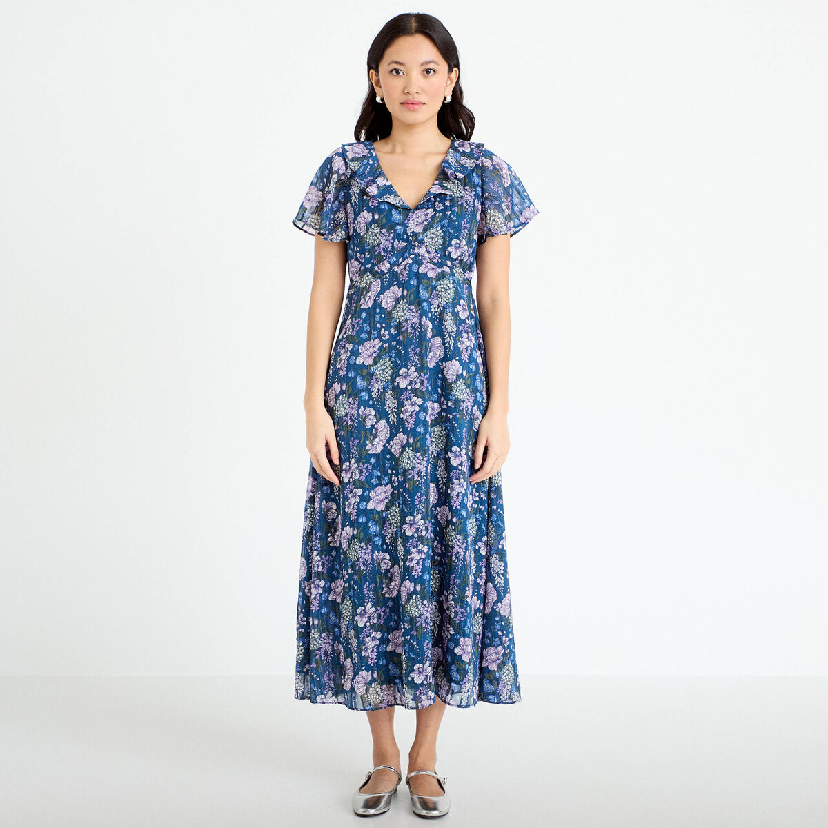 Robe longue &eacute;vas&eacute;e Bridgerton bleu marine femme