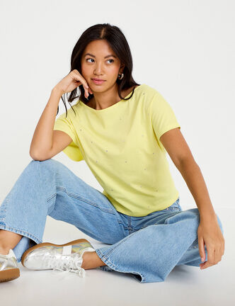 T-shirt col bateau manches courtes jaune citron femme