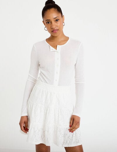Gilet ajust&eacute; col rond manches longues ecru femme