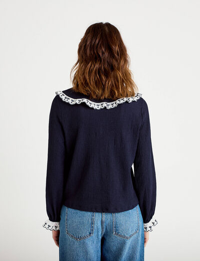 Blouse broderie manches longues bleu marine femme